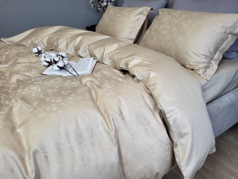 Постільна білизна Сатин JACQUARD, ROSE BEIGE нав. 50*70см (Євро на рез.)