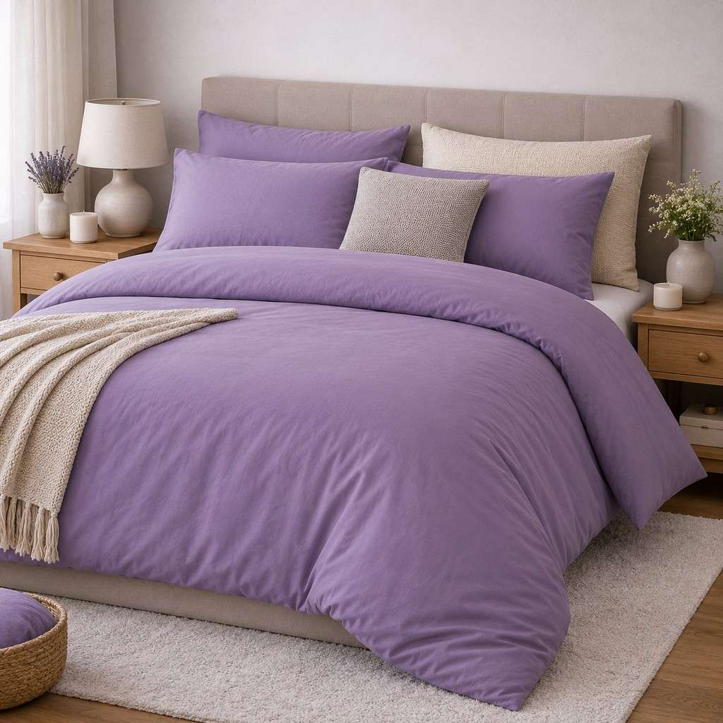 Постільна білизна Deep violet LUXURY Washed двоспальна на резинці фото