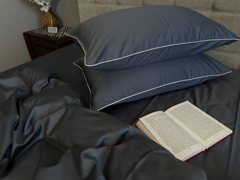 Постільна білизна Сірий джинс SD-3916, сатин LUX нав. з кантом (Євро на резин.)