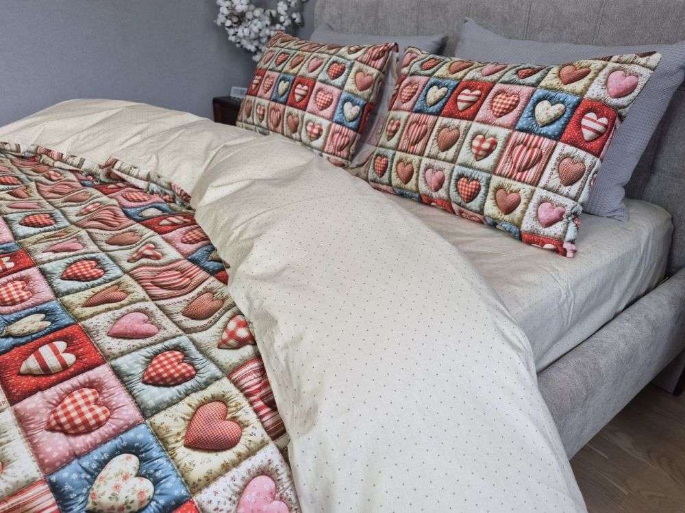 Постільна білизна Кантрі/бежев. горошок cotton 5D двоспальна на резинці фото