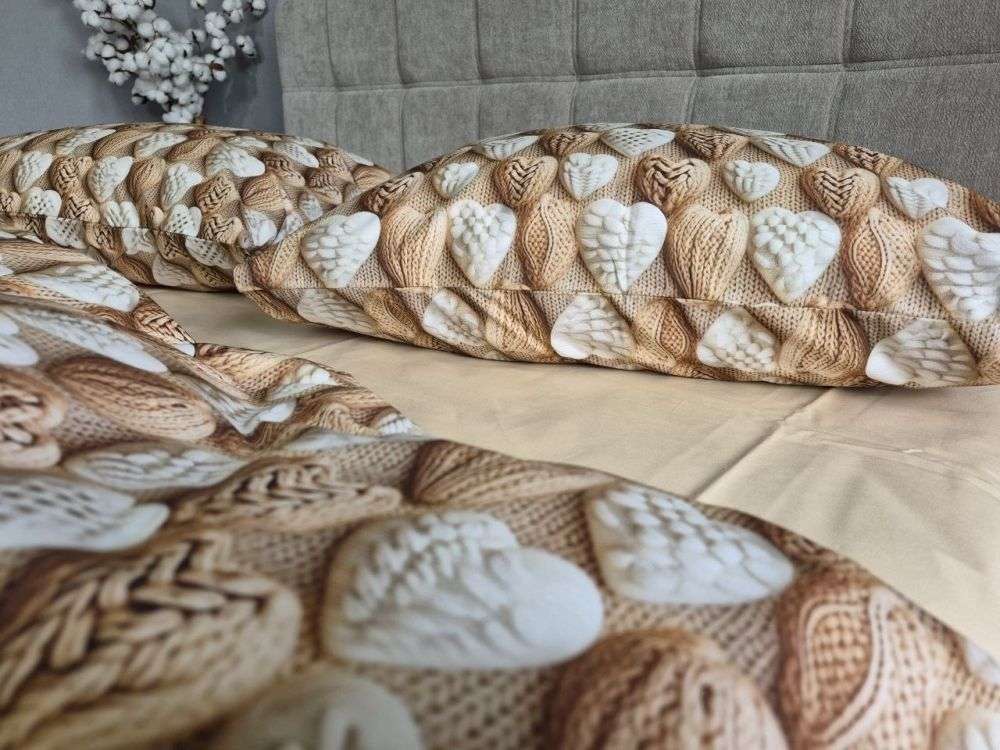 Постільна білизна Плетені сердечка / бежева cotton 5D двоспальна - Зображення 2