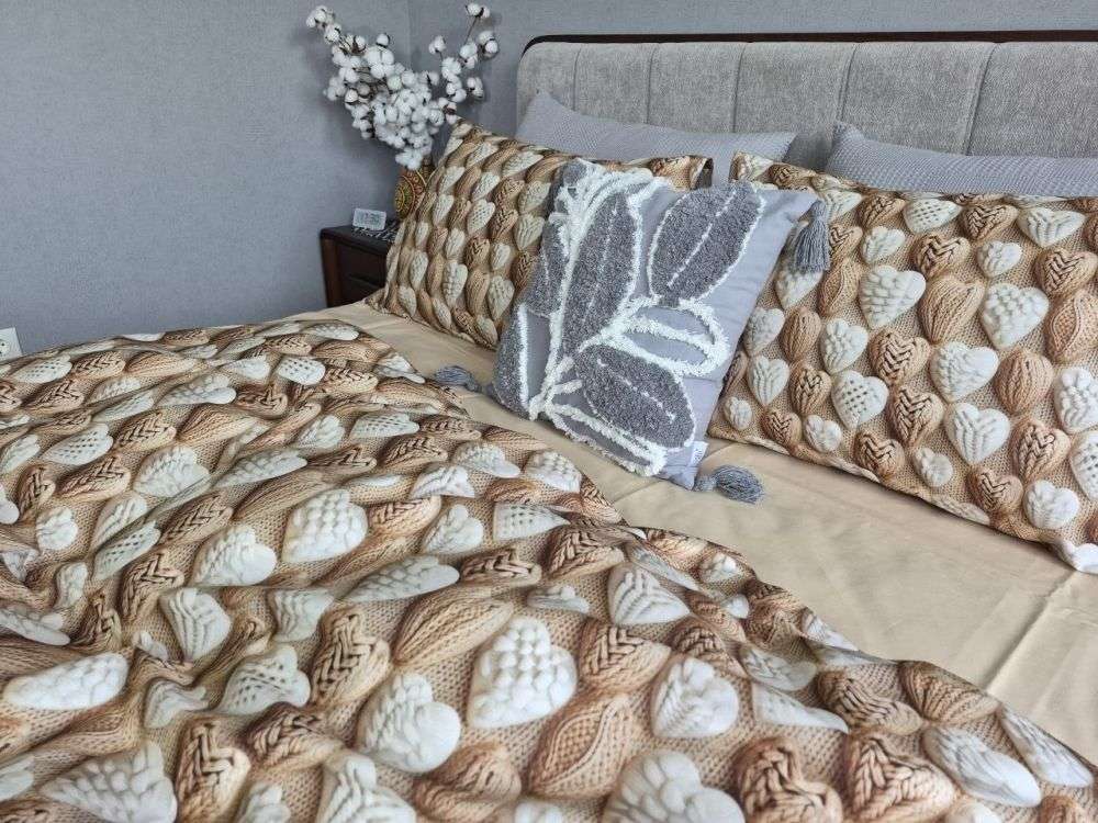 Постільна білизна Плетені сердечка / бежева cotton 5D двоспальна - Зображення 5